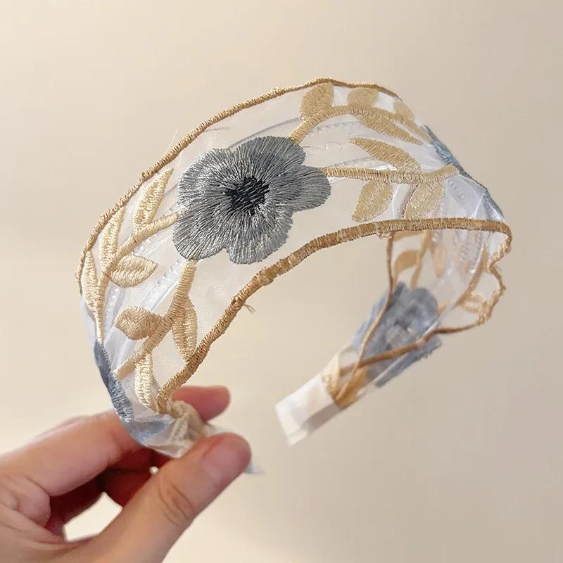 

Ретро Вышитая сетка кружево цветок Широкий край повязка на голову для женщин элегантная ткань Мода Девушки Повязка для волос