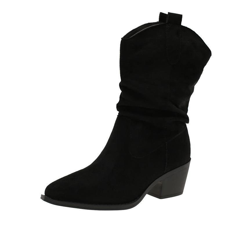 Pile Boots Women's Autumn Pointed Head Mid-heel Boots Western Cowboy Wasteland Wind Pleated Boots Merard Knight Boots