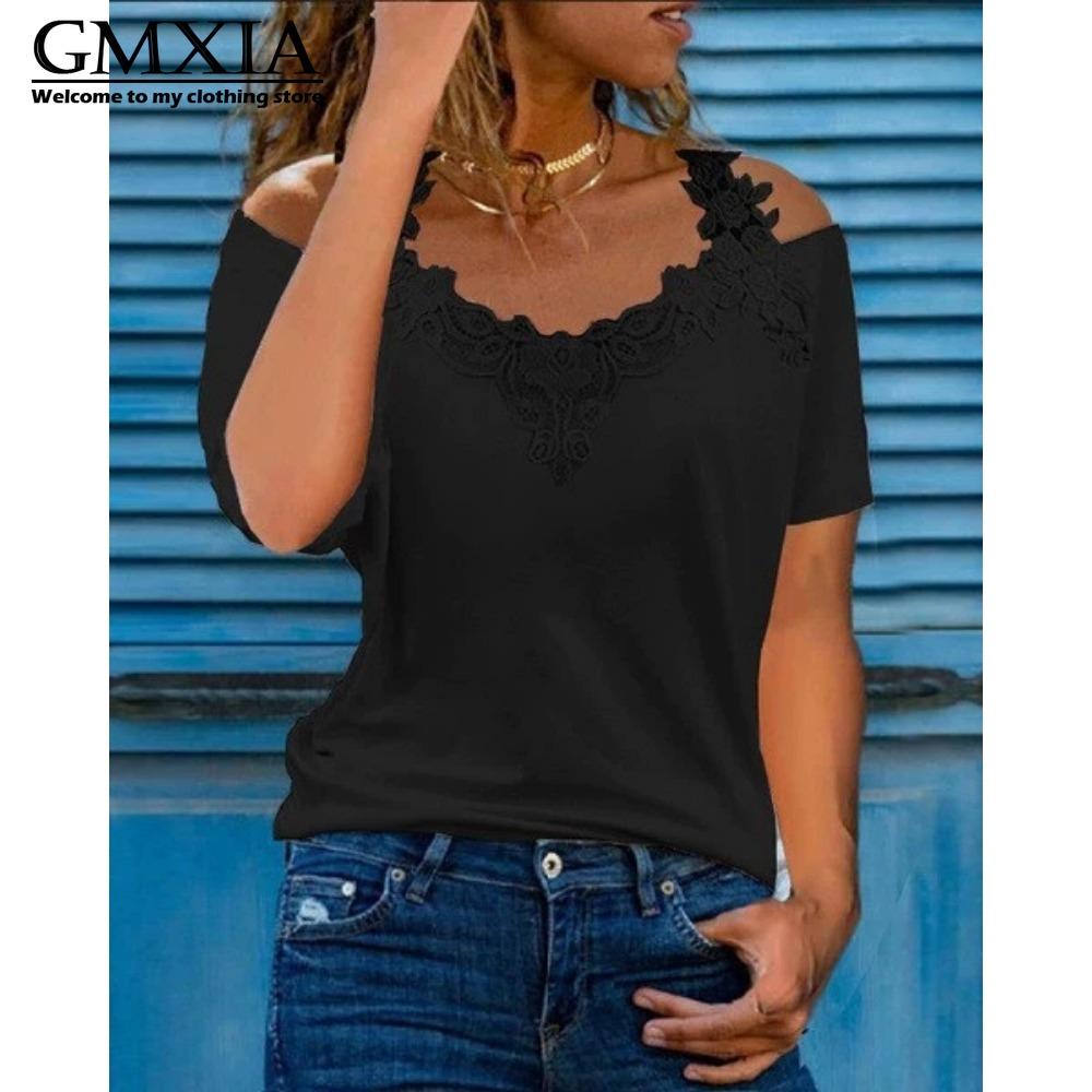 GMXIA Women's Fashion Casual Leisure Solid Color Print Short Sleeve V Neck Blouses & Shirts