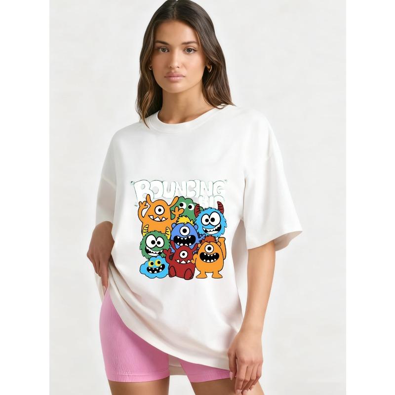 

Oversized T-Shirt Black Bouncing Kid Cartoon Monsters Print Casual Streetwear Unisex Top for Everyday Wear and Outings XXXXL белый