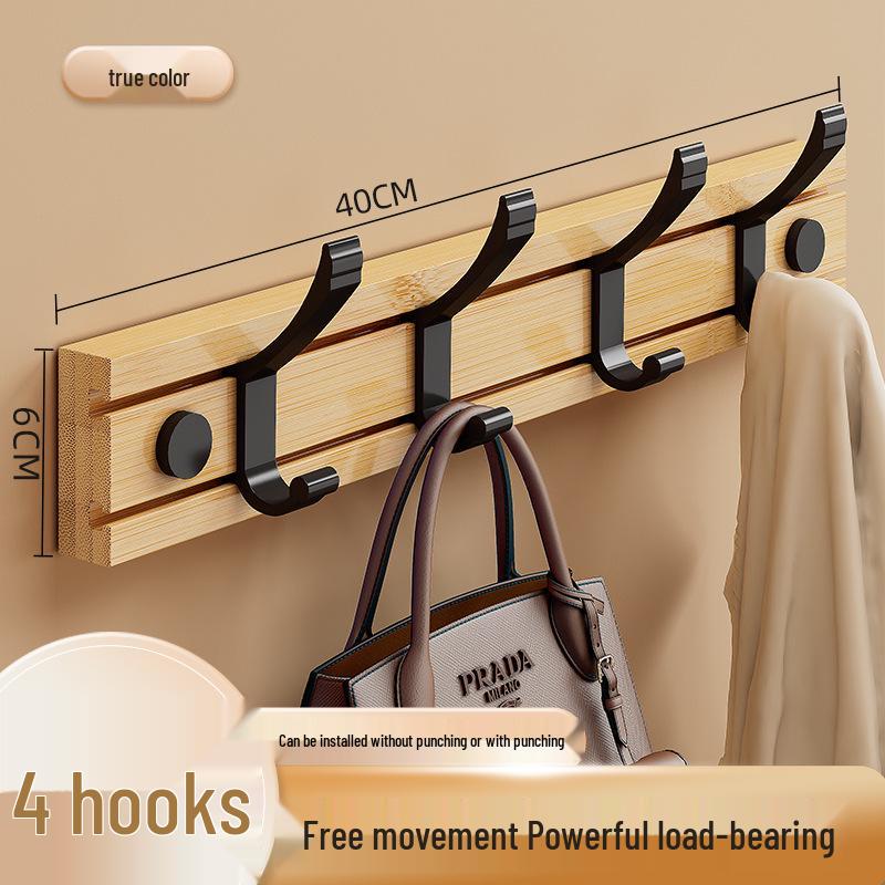 Wandmontierte Hakenleiste aus Bambus und Holz, Kleiderbügel mit Klebefolie ohne Bohren zur Aufbewahrung von Kleidung hinter der Tür