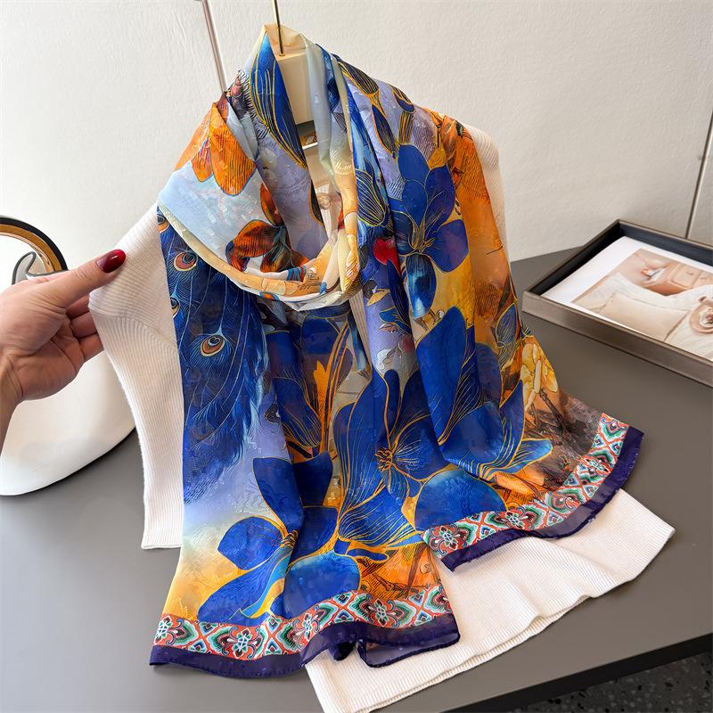 Style Scarf Print 180*70cm Fashion Big Bandanna Popular Finish Silk Shawls Scarves Luxury Print Hijab Sunscreen Beach Towel