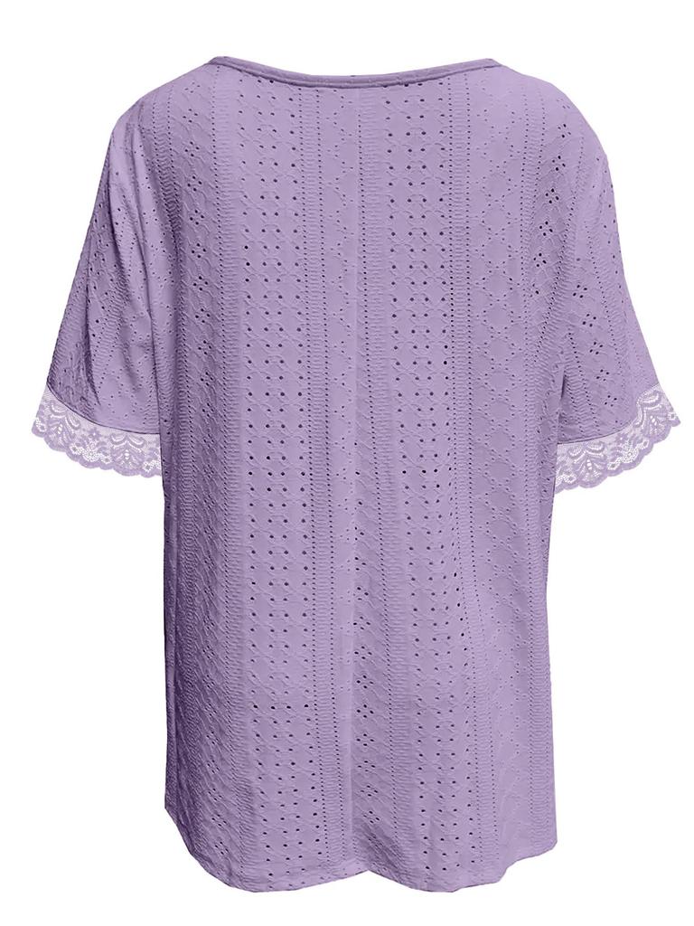 2025 European Women's V-Neck Lace Patchwork Knit T-Shirt