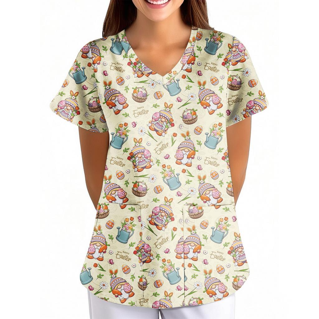 Women's Easter Print Loose V-Neck Pocket Short-Sleeve Caregiver/ Uniform