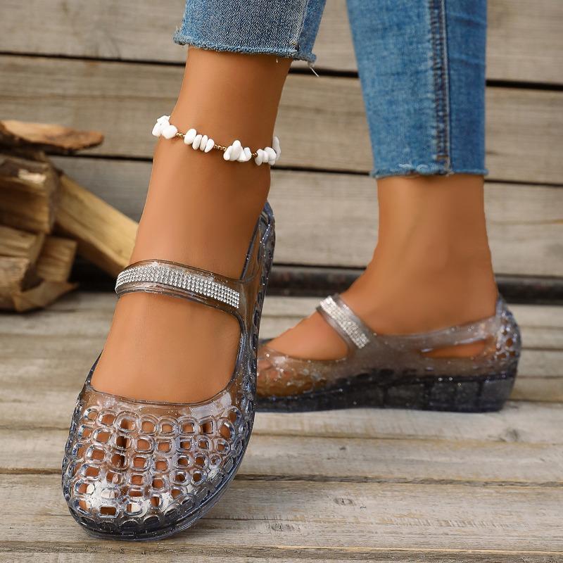 Transparente Sandalen Sommer Neu Runde Zehenpartie Flacher Ausschnitt Glitzer Fußbedeckung Weiche Sohle Rutschfest Wasserdicht Flache Schuhe
