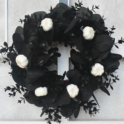 Halloween Wreath Small Black Eucalyptus Leaf Wreath Pumpkin Pendant Horror Atmosphere