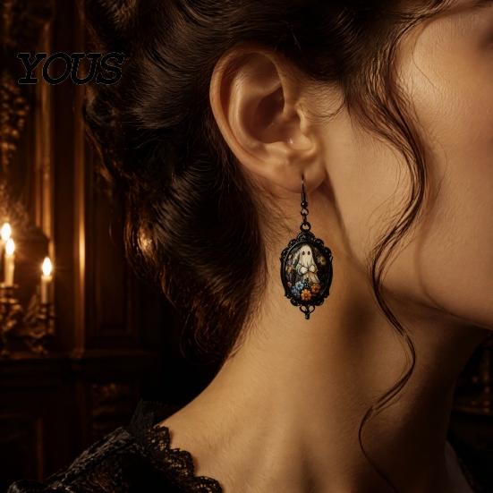 Dark Academia Accessories Gothic Ghost Earrings, Vintage Style Matte Black Alloy Dangle Halloween Earrings for Women Decorative Jewelry Daily