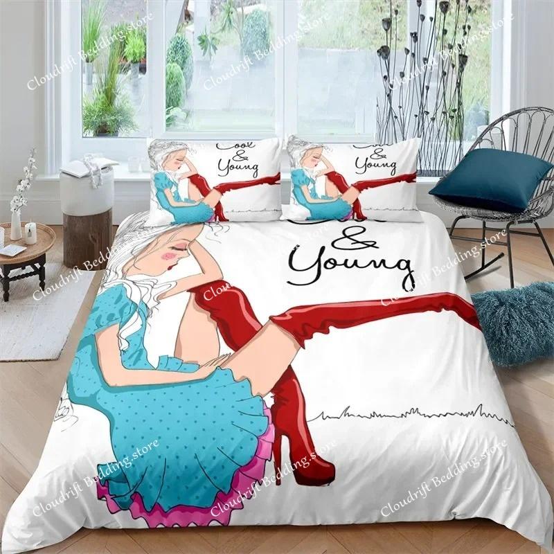 Musical Girl King Queen Duvet Cover Modern Fashion Girly Bedding Set for Kids Teens Adults Cartoon Hip Hop style Quilt Cover