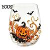 Grande Tazza da Bere per Ufficio Halloween Vetro Artigianale, Calici Senza Gambo con Zucca Fantasma Gatto Nero Ragnatela Vetro Trasparente Cucina