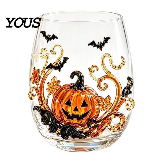 Grande Tazza da Bere per Ufficio Halloween Vetro Artigianale, Calici Senza Gambo con Zucca Fantasma Gatto Nero Ragnatela Vetro Trasparente Cucina