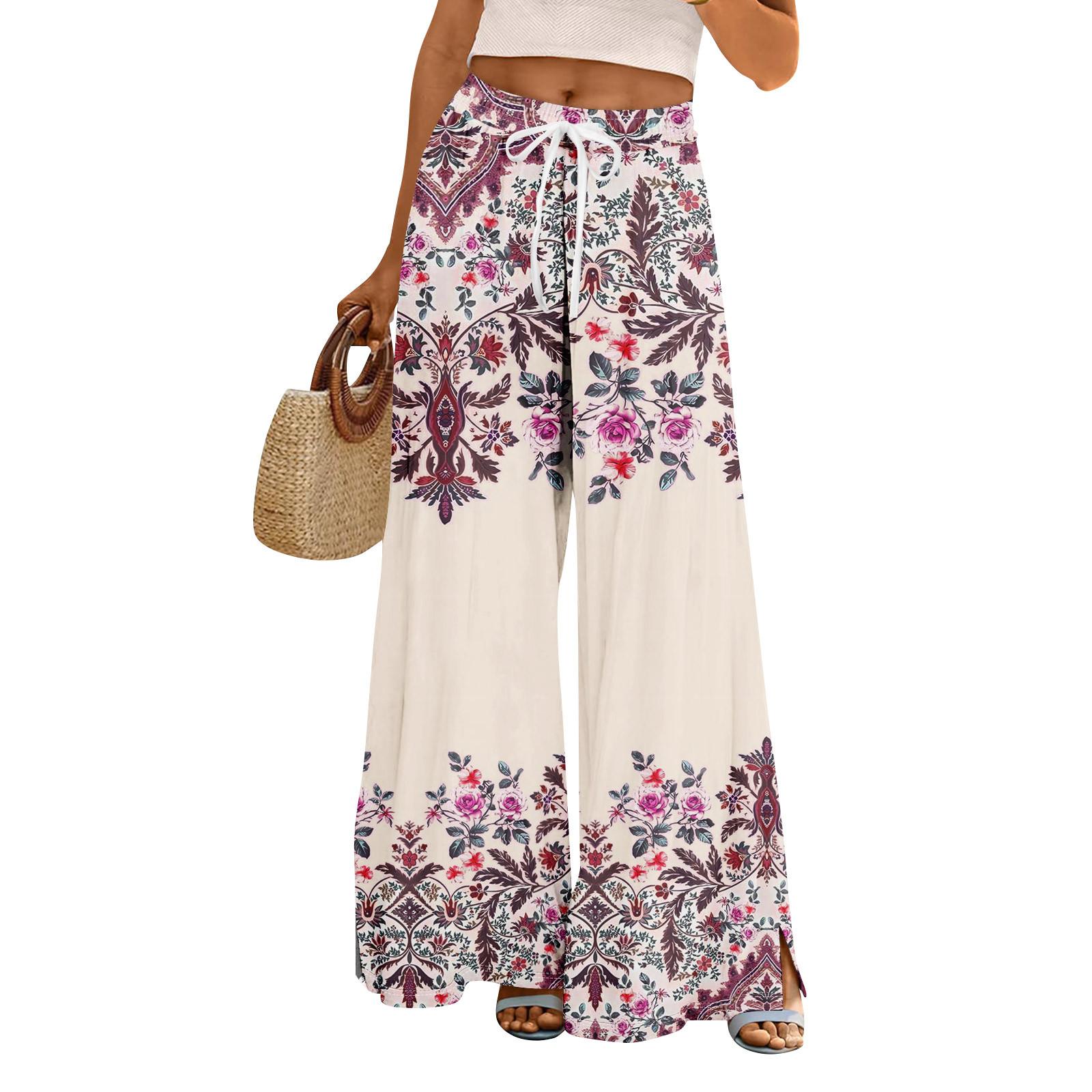 

Женские летние брюки-палаццо в стиле бохо с высокой талией, широкие повседневные брюки с цветочным принтом и карманами XL