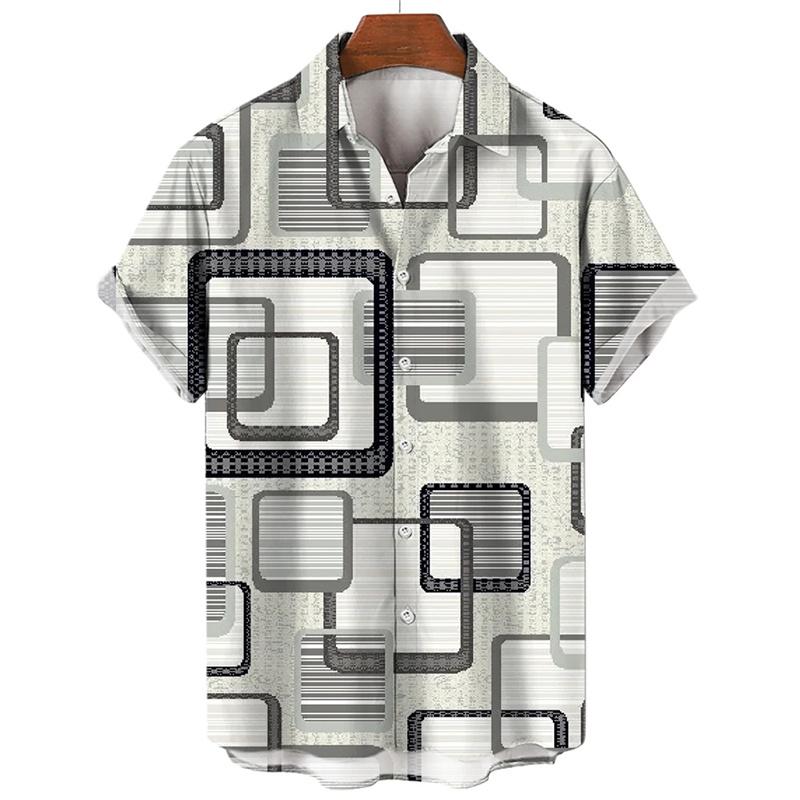 Geometric Patterns Hawaiian Shirt for Men Colorful Splicing 3D Printed Short Sleeves Fashion Loose Blouses Lapel Aloha Shirts