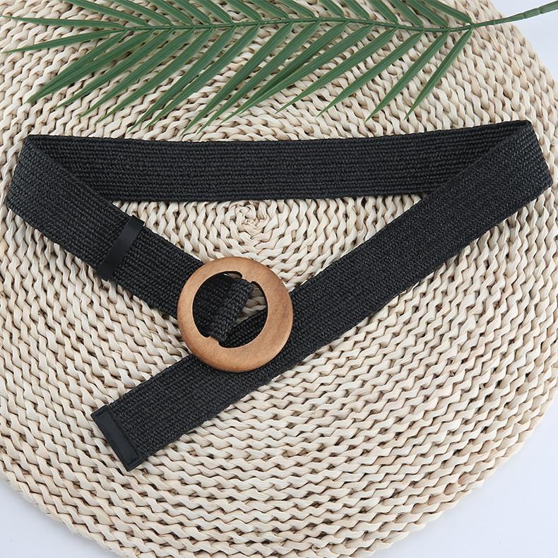 

Fashionable Cotton Linen Woven Waist Belt With Round Wood Buckle For Women Dress чорний