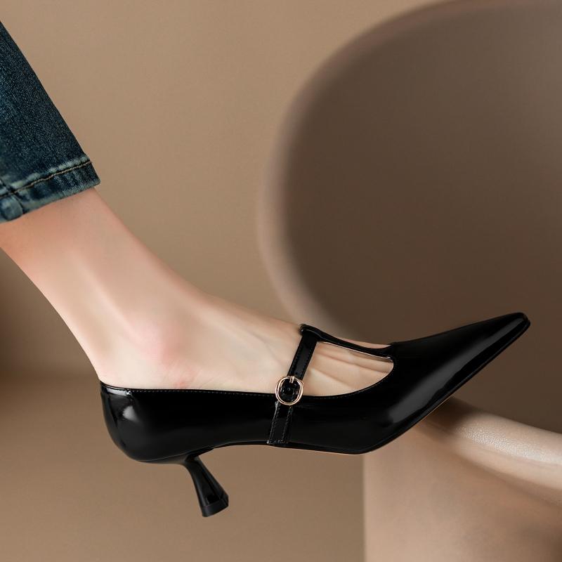 Fashion Genuine Leather Medium Heels Pumps Shoes Woman Black Nude Red Short Heeled Party Office Wedding Shoes Dress Pumps Large Size 45