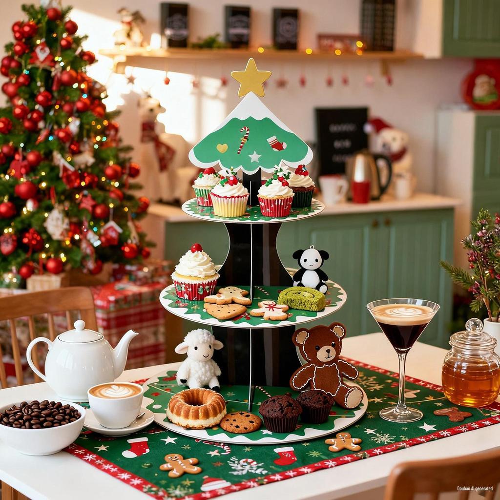 Üç Katlı Yılbaşı Tatlılık: Parti Dekorasyonu İçin Noel Baba & Ağaç Pasta Standı
