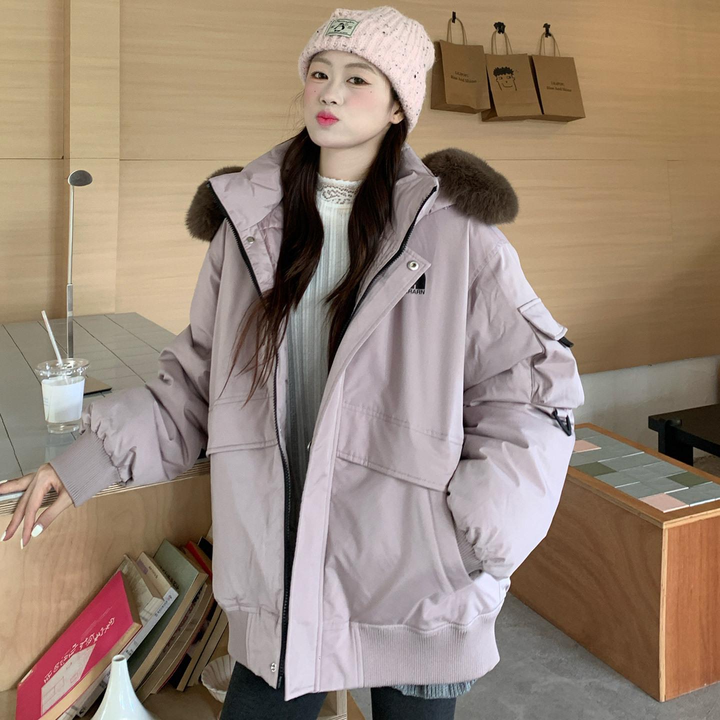 

Oversized Women s Winter Down Coat with Big Fur Hood Cargo S