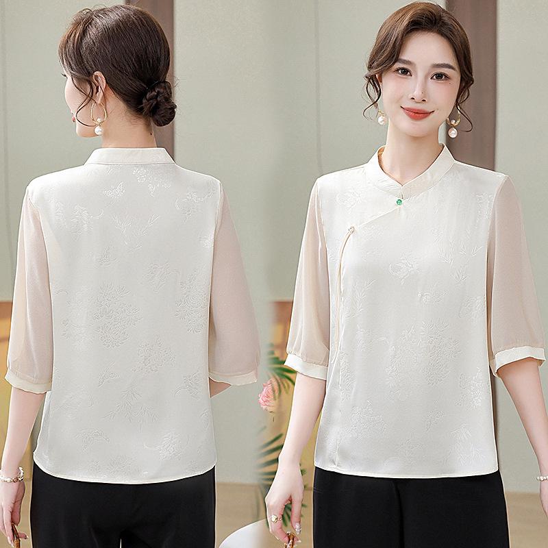 

Retro Satin Mid-Sleeve Chiffon Shirt for Middle-Aged Women XXL (for 110-125 jin) білий