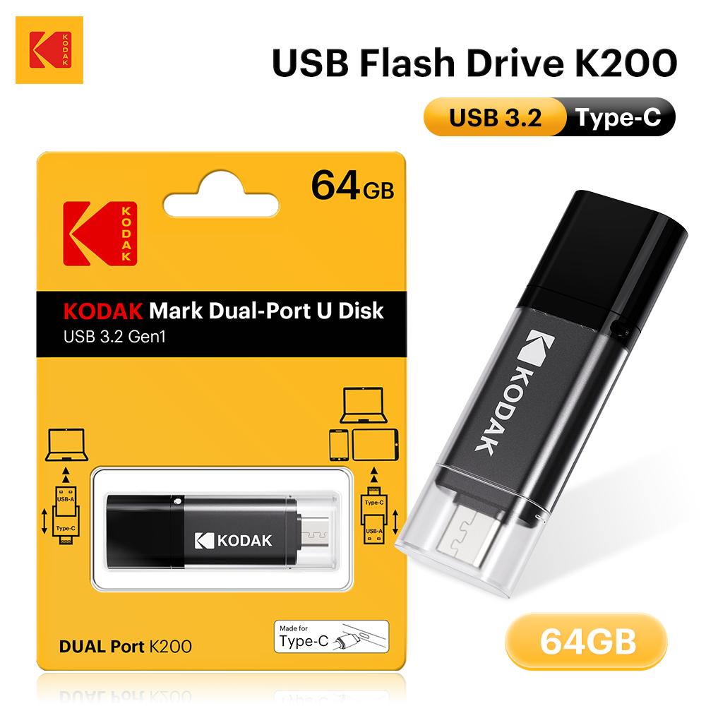 Kodak K200 USB 3.2 Flash Drive Dual Interface Type‑C & USB‑A OTG Memory Stick with Frosted Matte Finish 32GB/64GB/128GB/256GB for PC Phone Tablet Car