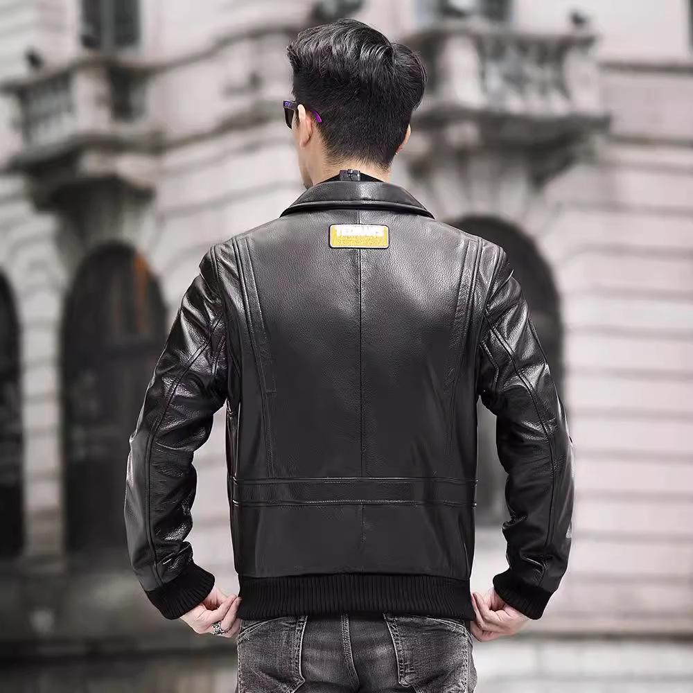 New Genuine Leather Jacket Men's Short Top Layer Goat Leather Spring and Autumn Lapel Leather Jacket Motorcycle Jacket