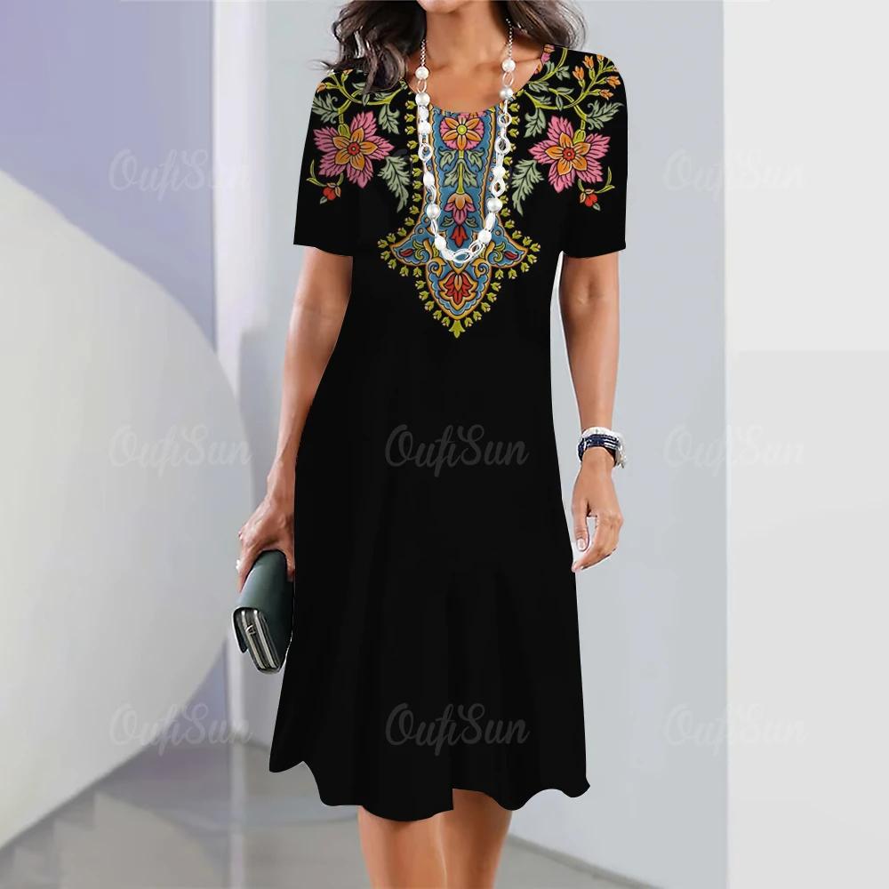 Women's Retro 3D Short-sleeved Pullover Summer Round Neck Dress Simple and Elegant Loose Skirt