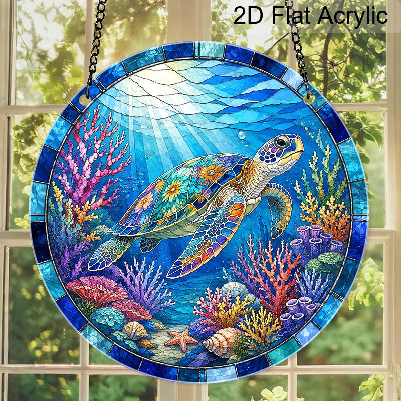 2D Flat Acrylic Blue Sea Turtle Suncatcher Decorative Hanging Ornament, 7.87/11.81inches Summer Underwater World Coral Turtle Design Window Hanging