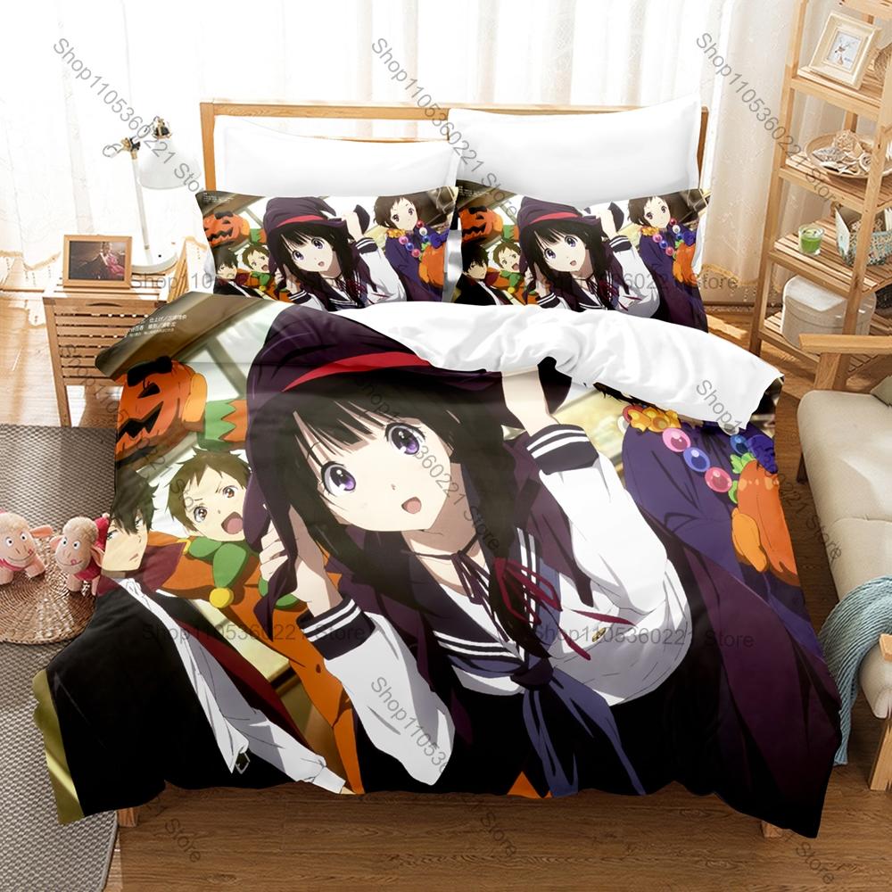 Cool Hyouka Bedding Set Duvet Cover + 2 Pillowcases Chitanda Eru Oreki Houtarou School Mystery Anime Bedroom Decor Kawaii Cute G