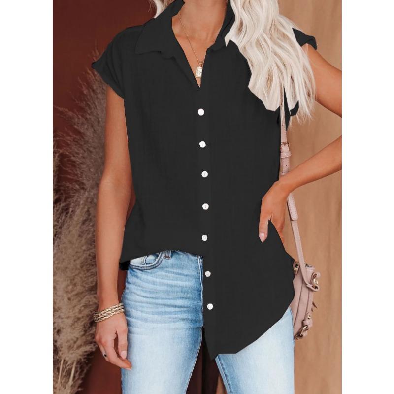 Women Cotton Shirts Vintage Solid Color Short Sleeve Button Harajuku Loose Blouses and Tops Casual Ladies Tunic Oversize T-Shirt