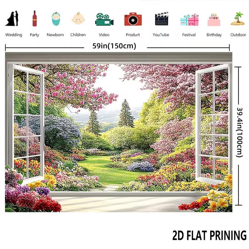 2D Beautiful Garden View Through White Window Photography Backdrop