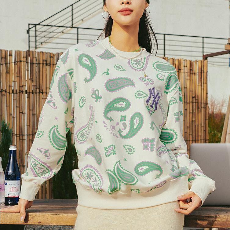 MLB Cashew Flower Sweatshirts Unisex Cream Crew Neck Moderate 3AMTI0224-50CRS