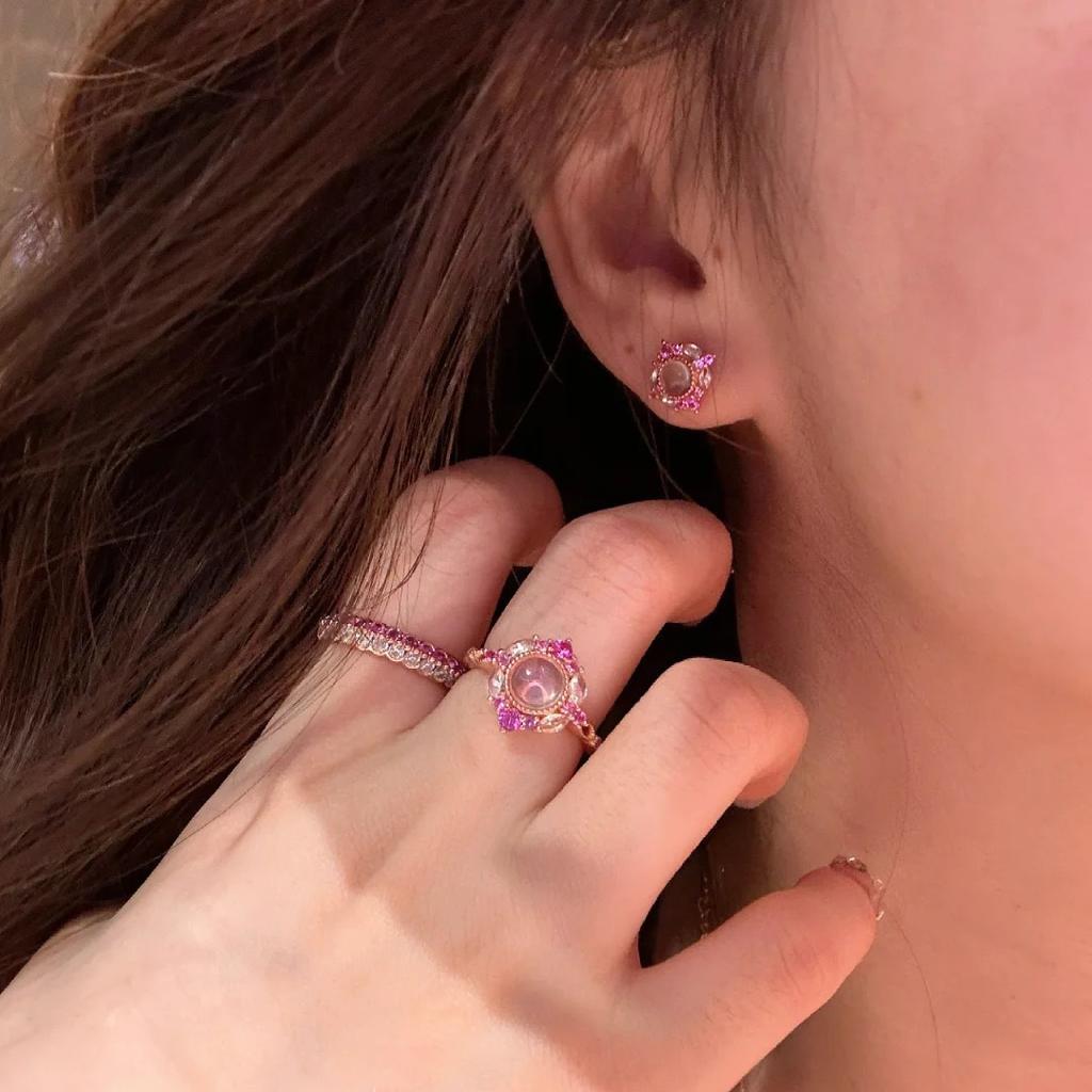 Vintage French Powder Crystal Set Medium Antique Pink Diamond Pendant Necklace Ring Earrings