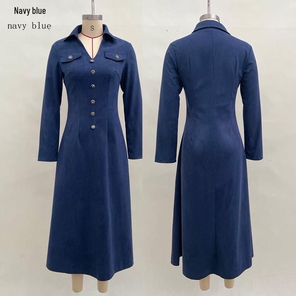 European & American Women s Suede Button Long Sleeve Street Style Dress - 2025 Trendy Long Skirt Shirt Dress S