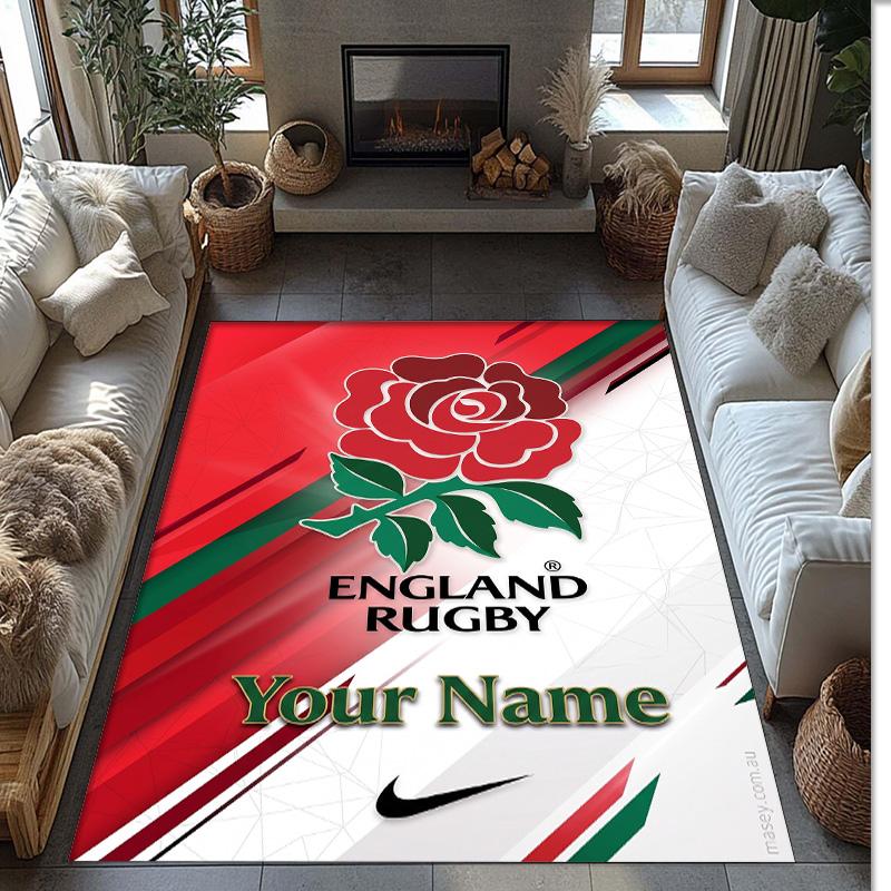 England Rugby Crystal Velvet Rug, Custom Name Text Personalized Non‑Slip Floor Mat for Home Decor Gift