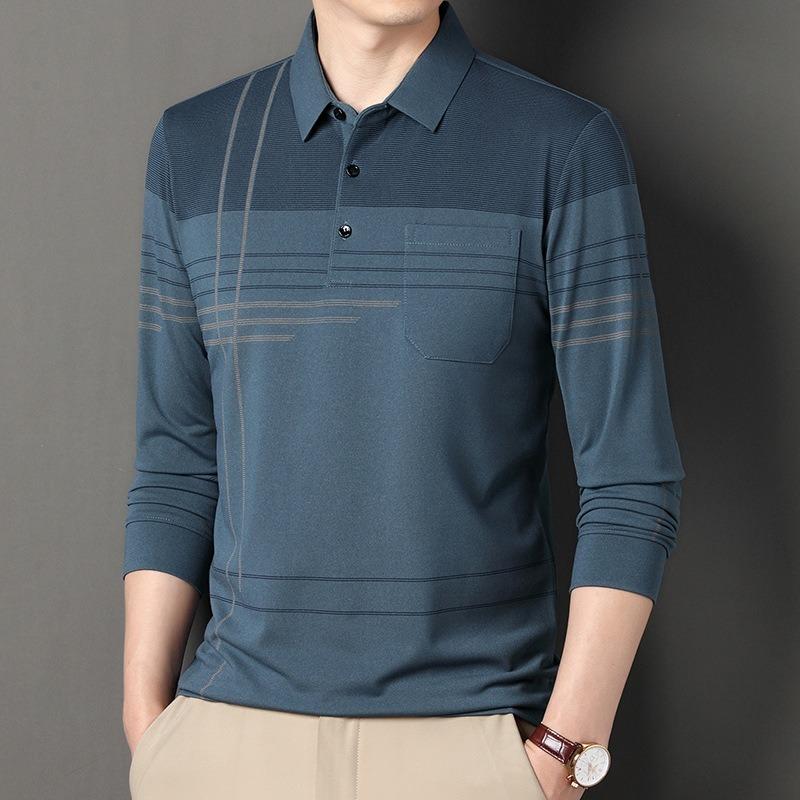 Men S Long Sleeve Striped Polo Shirt Casual Middle Age Dad Style