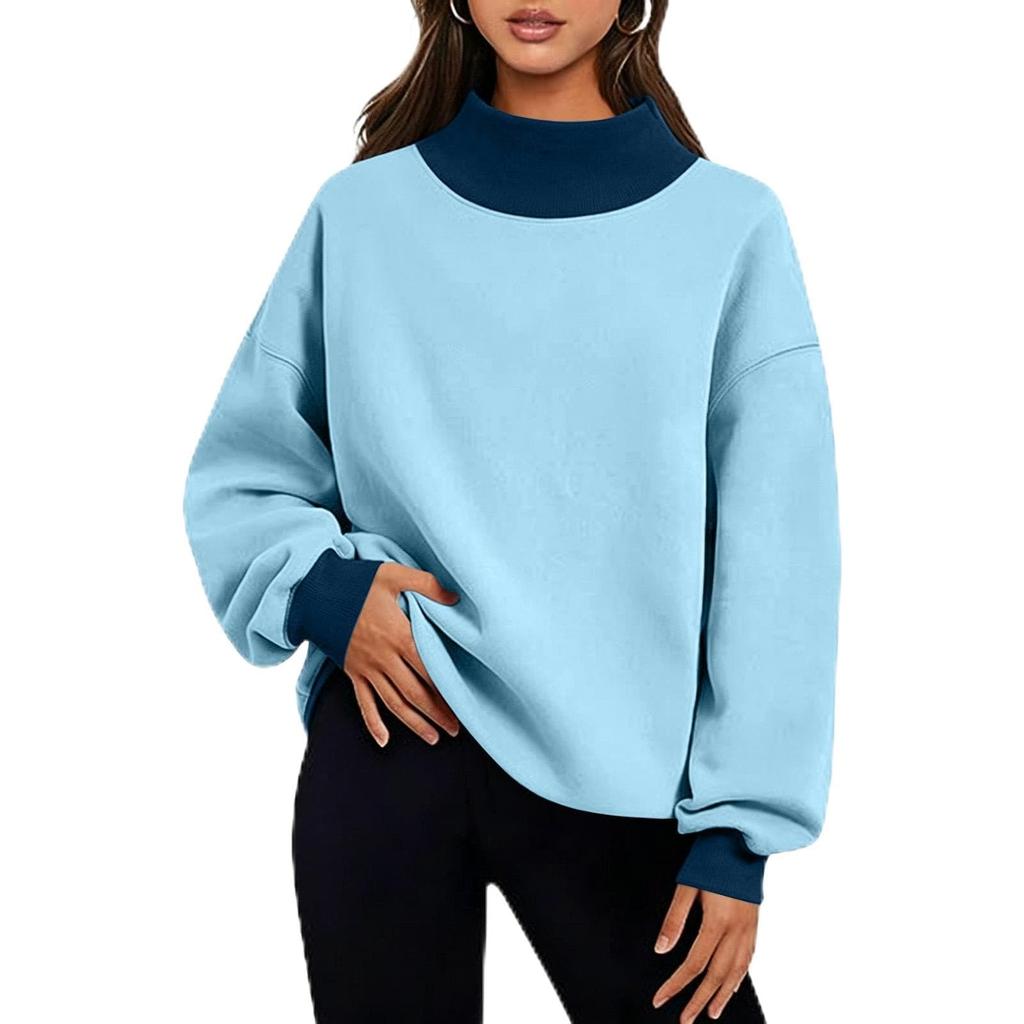Women's Fashion Color Block Neck Long Sleeve Sweatshirt Casual Pullover Top