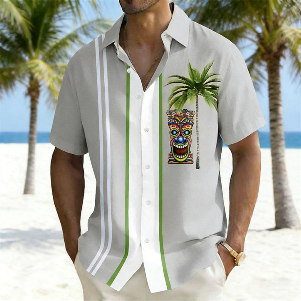 Men's color-blocked striped short-sleeved shirt, Hawaiian-style totem coconut tree print casual vacation top, Hawaiian shirt