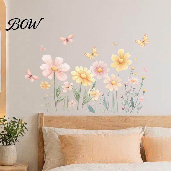 Waterproof PVC Flower Window Clings 2Pcs Watercolor Flowers Wall Sticker, Floral Decal with Butterflies, Removable Decals for Bedroom Art Decor,