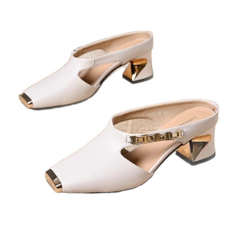 New Square-toed Half-slipper Women's Mid-heel Casual Lazy Shoes with A Flip-top