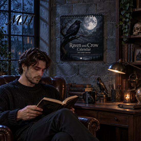 Desktop And Wall Organizer Raven Crow 2027 Calendar, 12 Months Moonlit Gothic Unique Gift for Goth Lovers Art, Mysterious Dark Hanging Calendar
