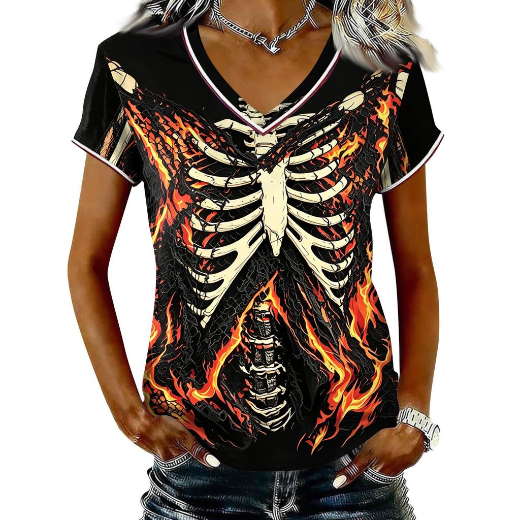 Damen Freizeit V-Ausschnitt Kurzarm T-Shirt Halloween Print Pullover Top