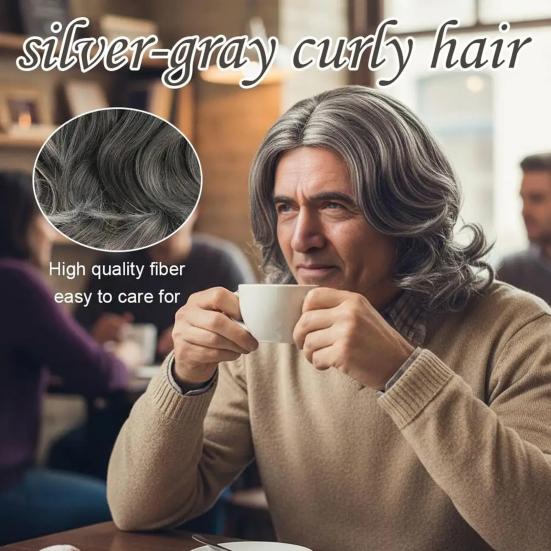 Short Curly Silver-gray Wig with Side Bangs Natural Looking Fluffy Halloween Costume Party Men Women Short