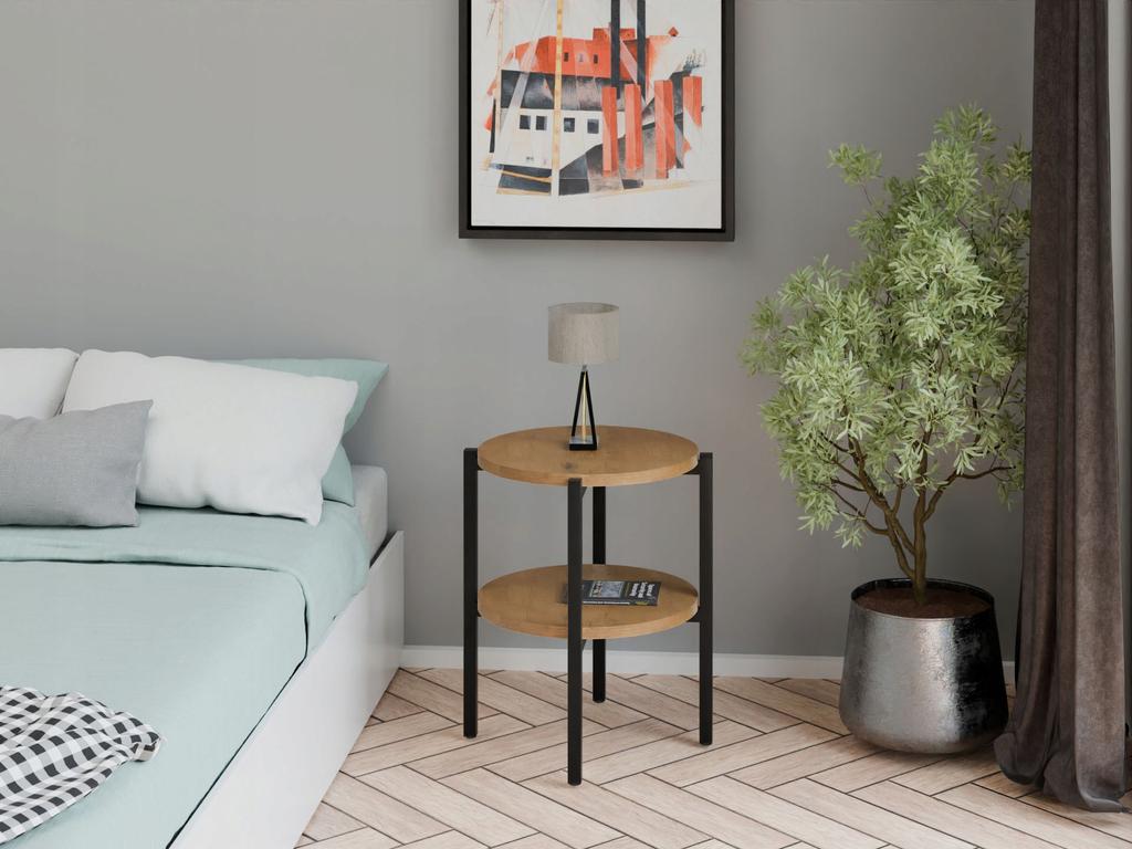 Stolik Nocny Okrągły Loft Z Półką 35X35X46 Cm Metalowy Czarny