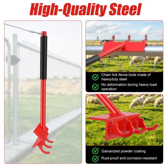 Top Rail Fabric Hanging Tool Chain Link Fence Tensioner Tool Heavy Duty Steel Stretcher with Heavy-Duty Cable Hook & Non-Slip Handle for One-Person