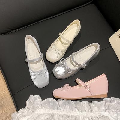 Inner Heightening Bow Mary Jane Shoes New Temperament Round Head Word with Light Mouth Thick Heel Versatile Silver Single Shoes Women