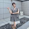 High Sense Grey Sleeveless Blazer Vest for Women Summer Lace Patchwork V Neck Tank Top Layered Outerwear Waistcoat