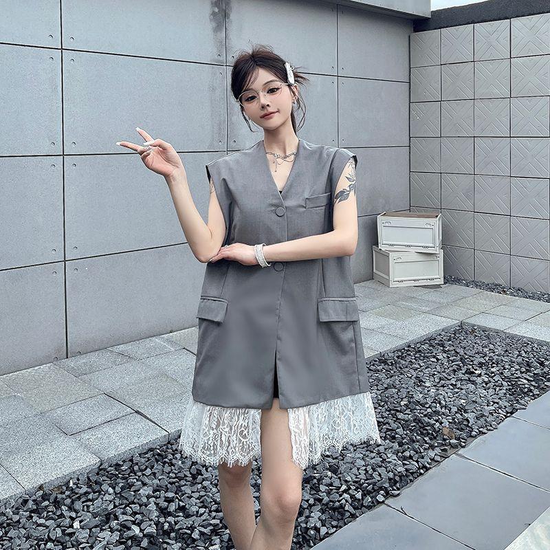 High Sense Grey Sleeveless Blazer Vest for Women Summer Lace Patchwork V Neck Tank Top Layered Outerwear Waistcoat
