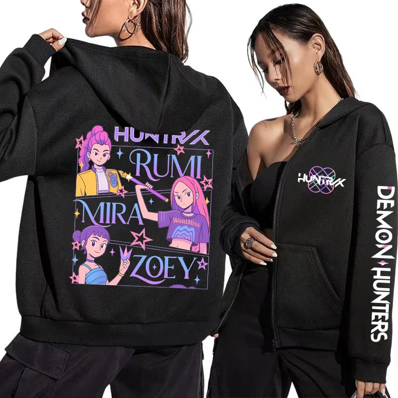 Hot Kpop Demon Hunters Printed Hoodies Hip-hop Zipper Hoodies Autumn Winter Streetwear Sweatshirt Women Men Long Sleeve Zip Coat
