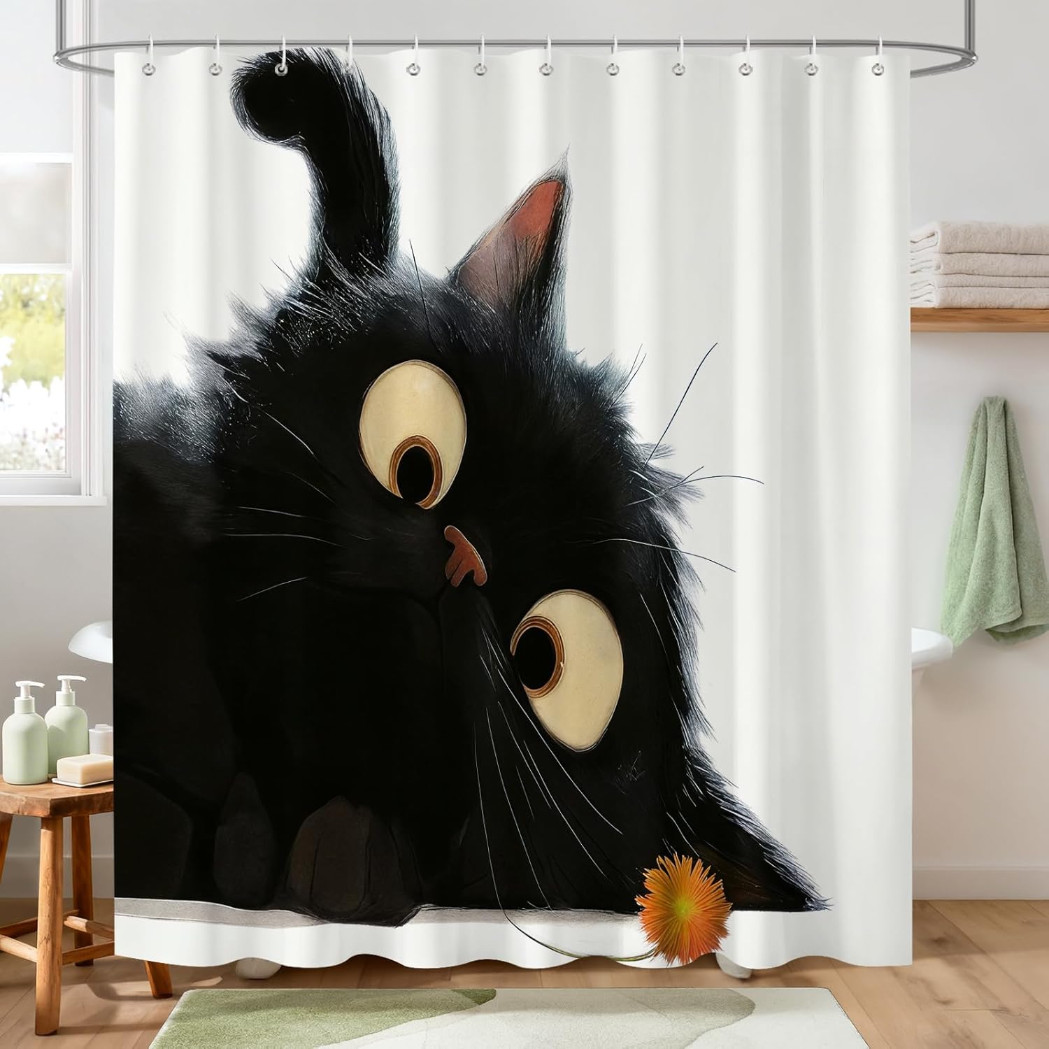 

Cute Black Cat Shower Curtain Big Eyes Design Bathroom Decor Animal Art Waterproof Bath Curtain W60H190(CM)-1 Pcs