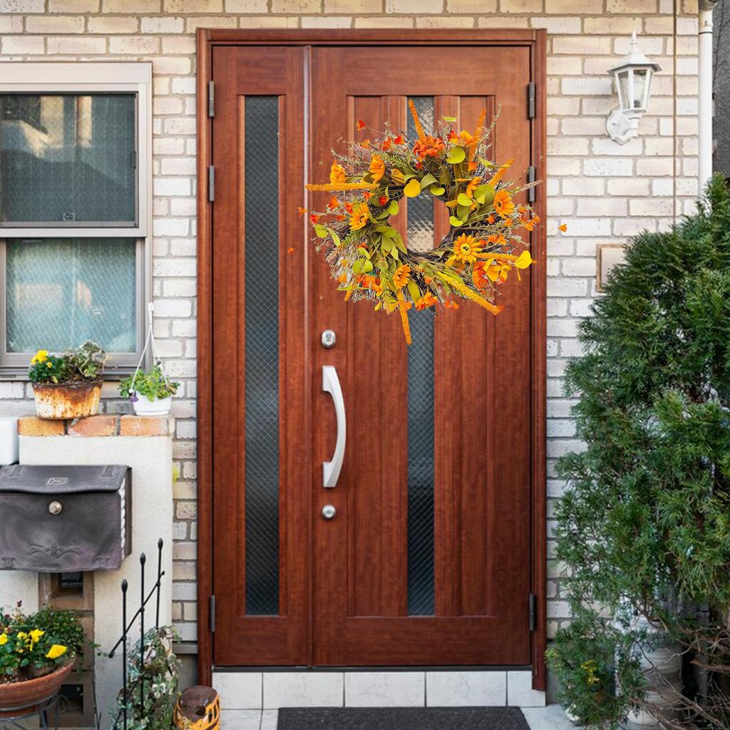 45cm Artificial Fall Wreath with Daisies Fall Leaves Rice Ear Autumn Harvest Door Wreath for Outside Festival Farmhouse
