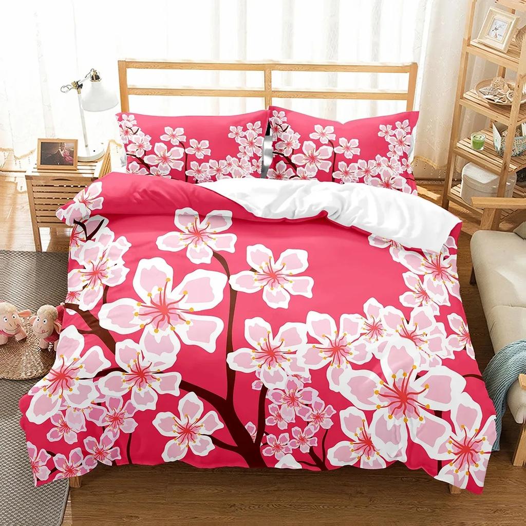 Plum Flower Duvet Cover Set Red Flower Pattern Bedding Set for Girls Women Polyester Comforter Cover Quilt Cover King Full Size
