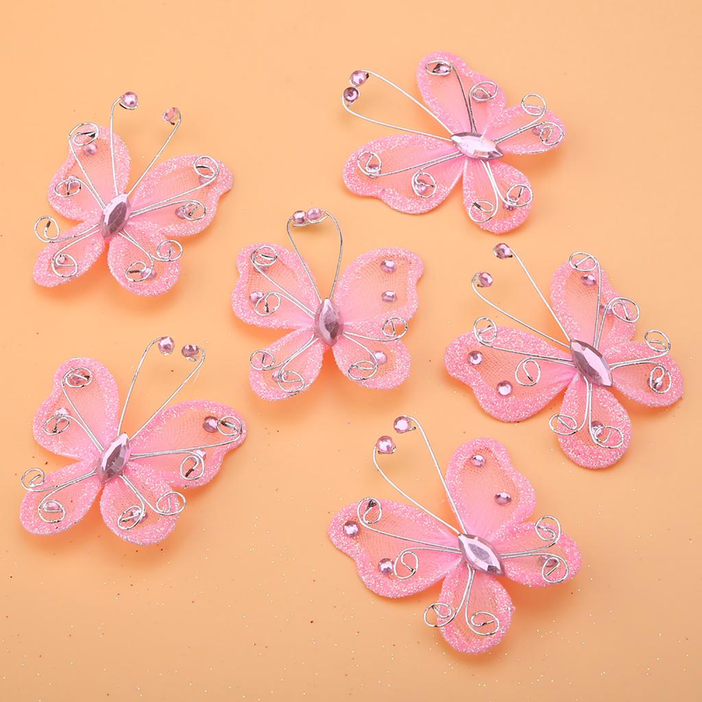24 Stück Durchscheinendes Netz Draht Glitzer Schmetterling Hochzeitsfeier Kleiderdekoration DIY Zubehör Rosa